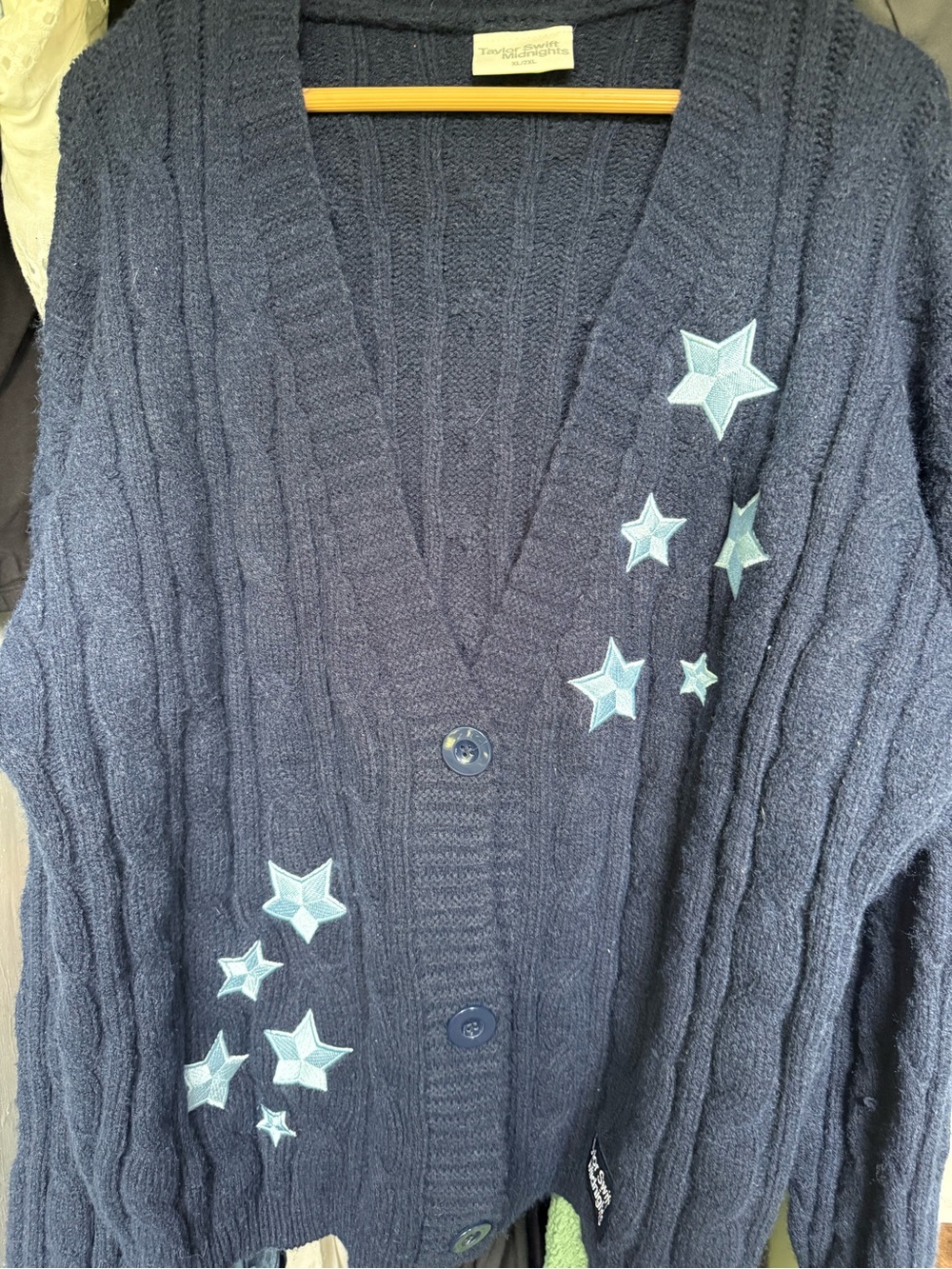 Taylor Swift Navy Cardigan with Light Blue Star Appliqués